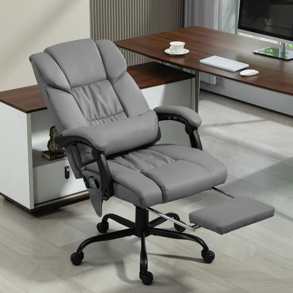 EasyComfort Poltrona Massaggiante e Reclinabile con Poggiapiedi, Finta Pelle e Acciaio, 66x75x112-122 cm, Grigio