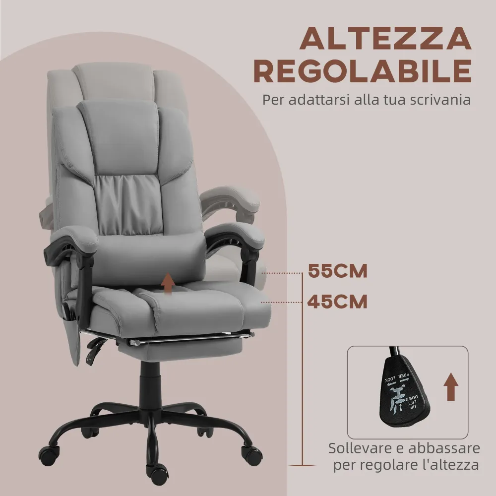 EasyComfort Poltrona Massaggiante e Reclinabile con Poggiapiedi, Finta Pelle e Acciaio, 66x75x112-122 cm, Grigio