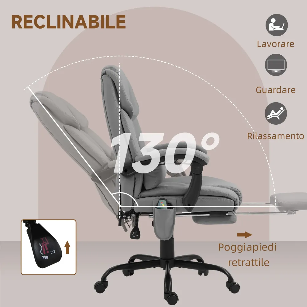EasyComfort Poltrona Massaggiante e Reclinabile con Poggiapiedi, Finta Pelle e Acciaio, 66x75x112-122 cm, Grigio