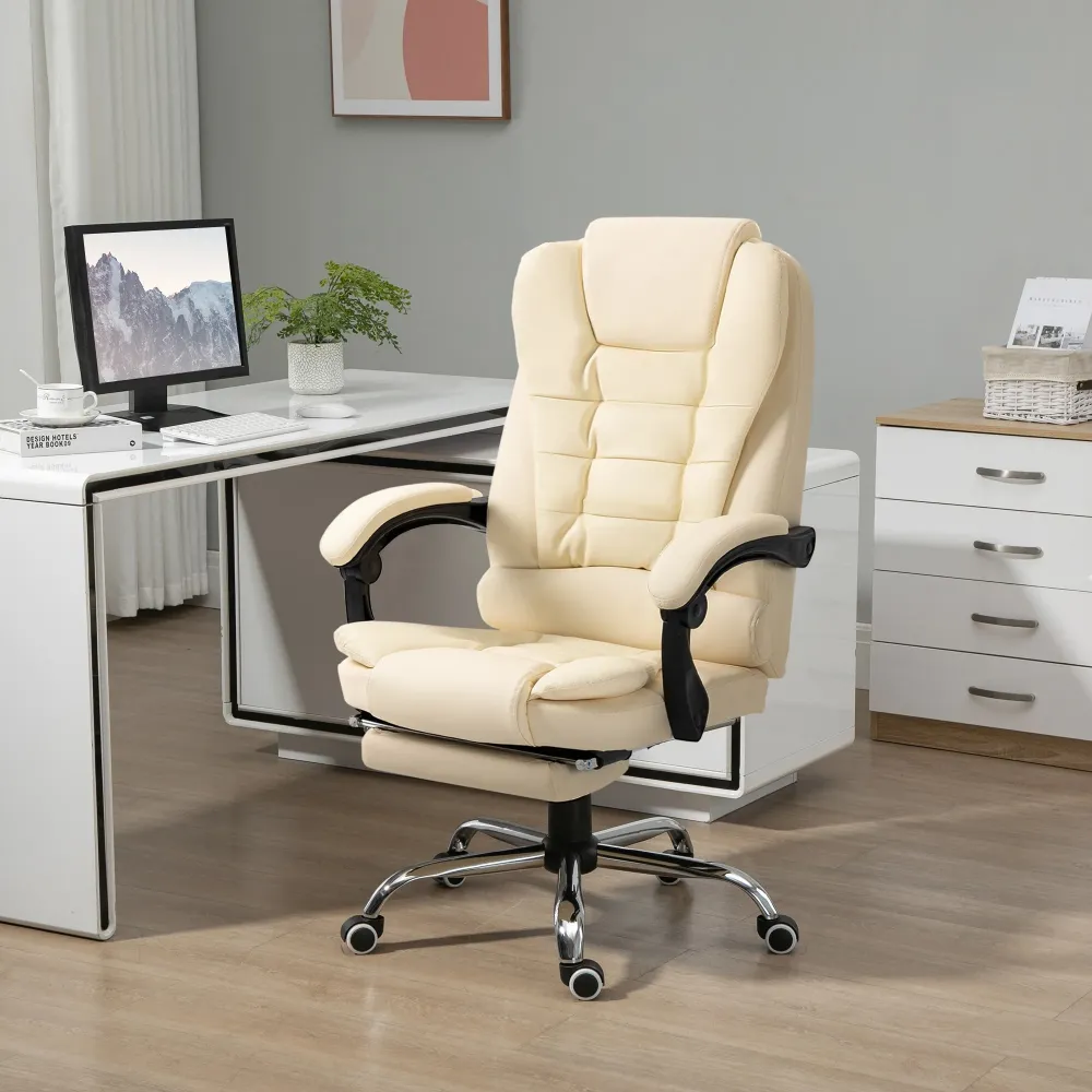 Easycomfort Poltrona Presidenziale Similpelle Bianca con Schienale Reclinabile 145° e Poggiapiedi, 64.5x69x109-117 cm
