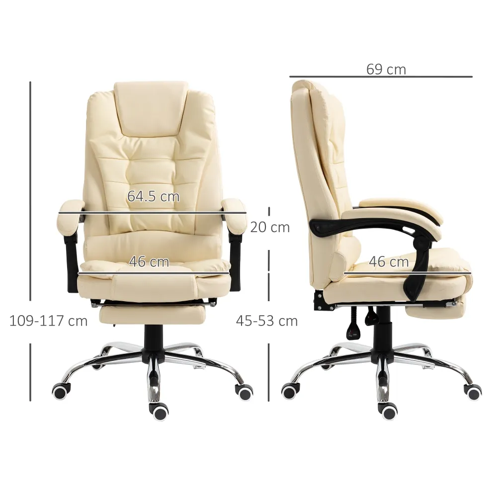 Easycomfort Poltrona Presidenziale Similpelle Bianca con Schienale Reclinabile 145° e Poggiapiedi, 64.5x69x109-117 cm