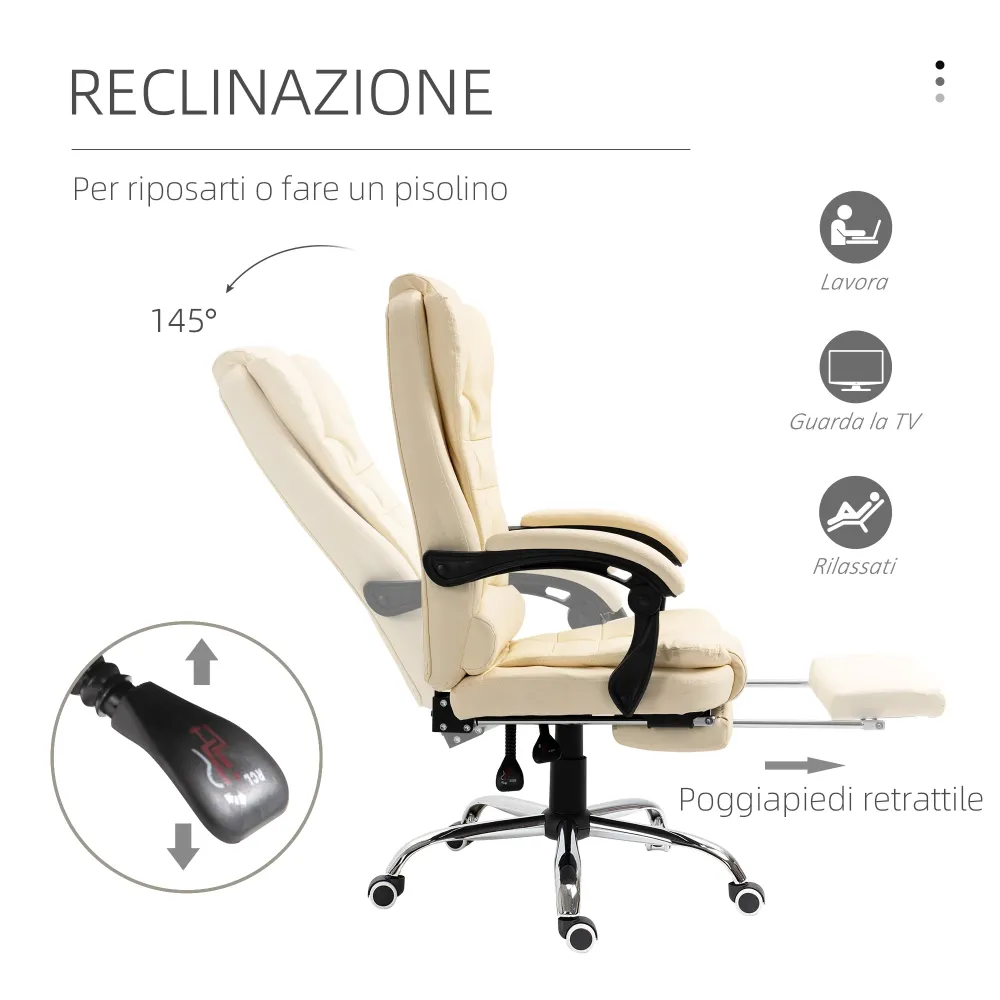 Easycomfort Poltrona Presidenziale Similpelle Bianca con Schienale Reclinabile 145° e Poggiapiedi, 64.5x69x109-117 cm