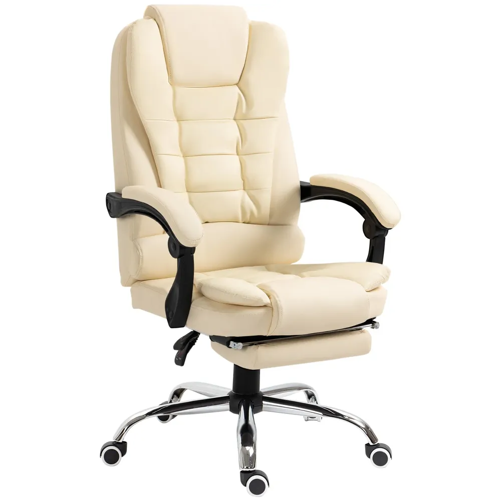 Easycomfort Poltrona Presidenziale Similpelle Bianca con Schienale Reclinabile 145° e Poggiapiedi, 64.5x69x109-117 cm
