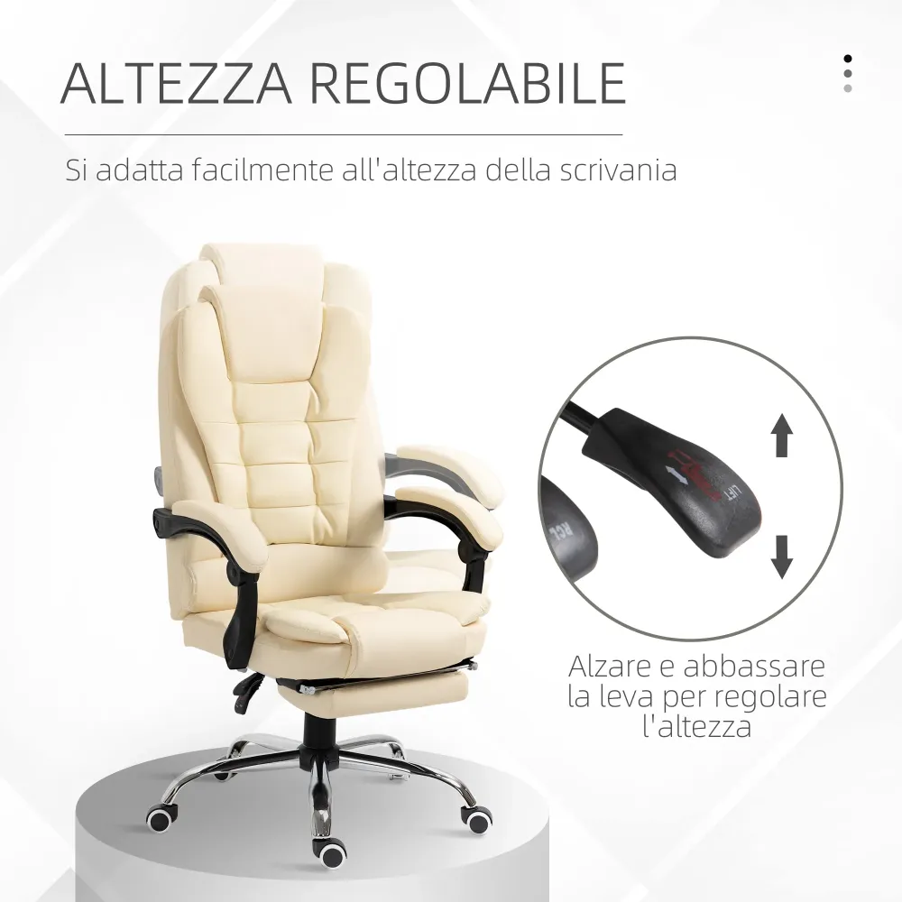 Easycomfort Poltrona Presidenziale Similpelle Bianca con Schienale Reclinabile 145° e Poggiapiedi, 64.5x69x109-117 cm