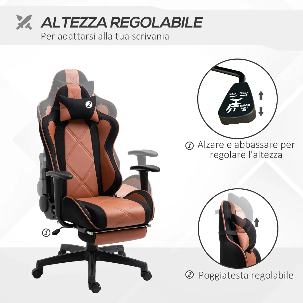Easycomfort Poltrona da Ufficio con Altezza Regolabile Poggiatesta e Poggiapiedi Estraibile, Nera e Marrone 64x57x120-130cm