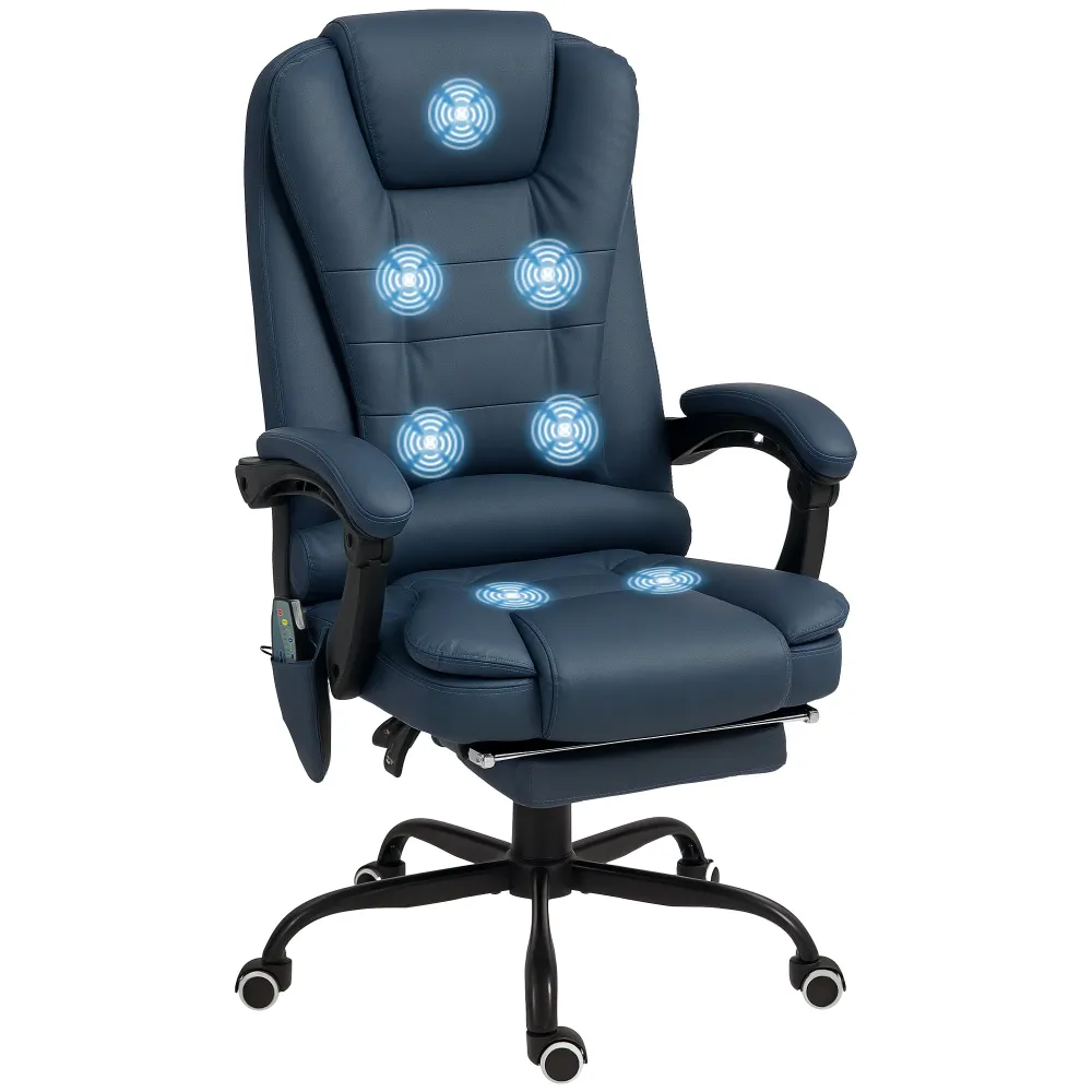 EasyComfort Poltrona da Ufficio con 7 Punti Massaggianti e Poggiapiedi, Pelle PU e Acciaio, 67x67x111-121 cm, Blu
