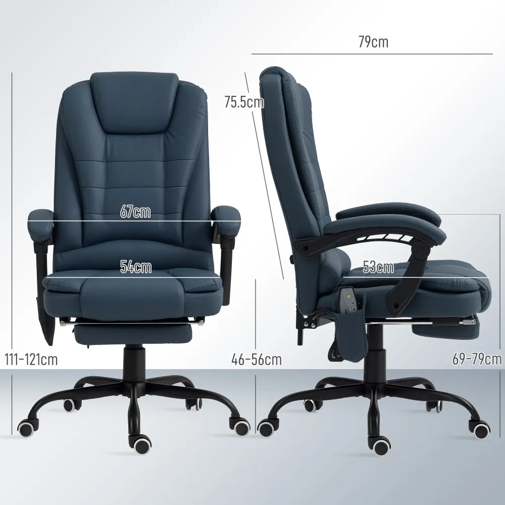 EasyComfort Poltrona da Ufficio con 7 Punti Massaggianti e Poggiapiedi, Pelle PU e Acciaio, 67x67x111-121 cm, Blu