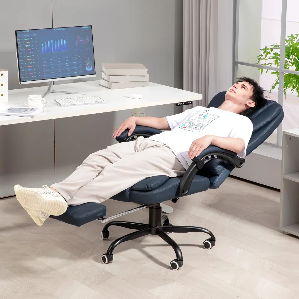 EasyComfort Poltrona da Ufficio con 7 Punti Massaggianti e Poggiapiedi, Pelle PU e Acciaio, 67x67x111-121 cm, Blu