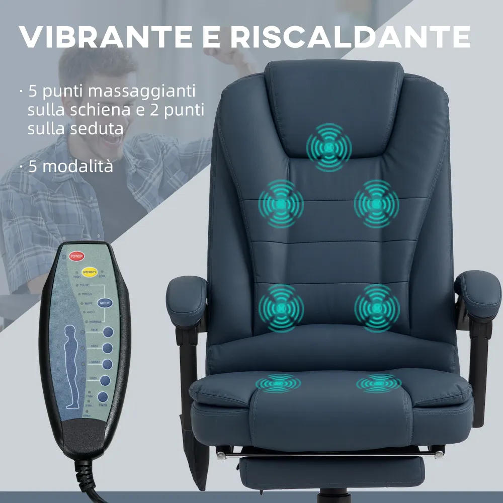 EasyComfort Poltrona da Ufficio con 7 Punti Massaggianti e Poggiapiedi, Pelle PU e Acciaio, 67x67x111-121 cm, Blu