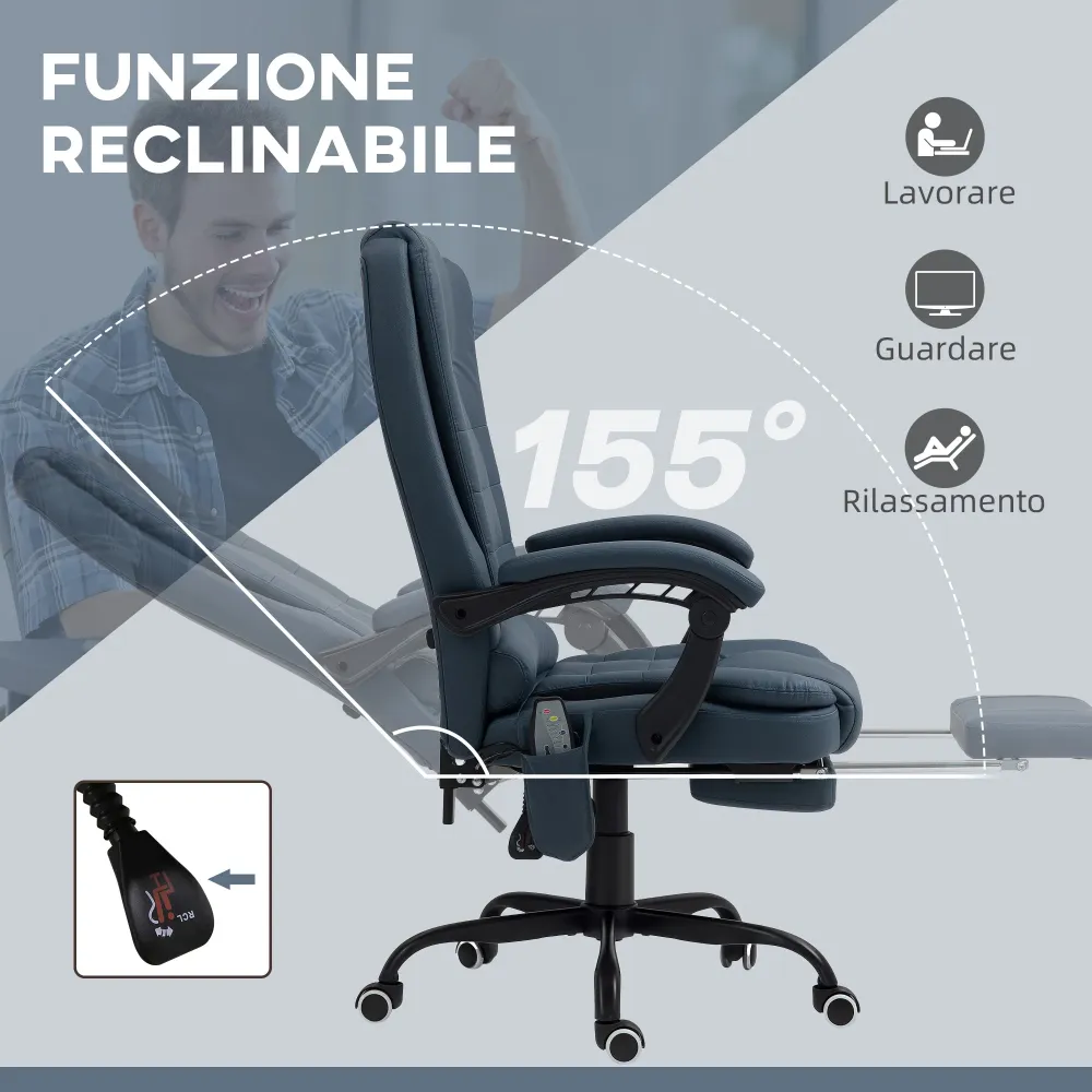 EasyComfort Poltrona da Ufficio con 7 Punti Massaggianti e Poggiapiedi, Pelle PU e Acciaio, 67x67x111-121 cm, Blu