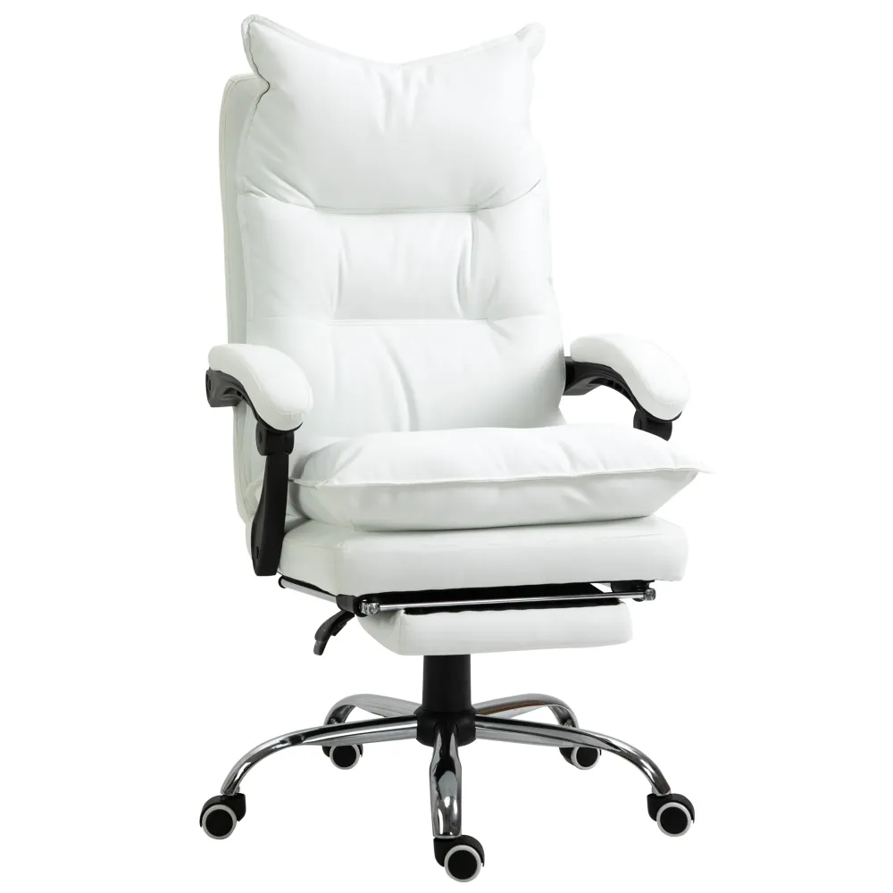 Easycomfort Poltrona da Ufficio Finta Pelle Bianca, Altezza Regolabile con Schienale Reclinabile 155° e Poggiapiedi