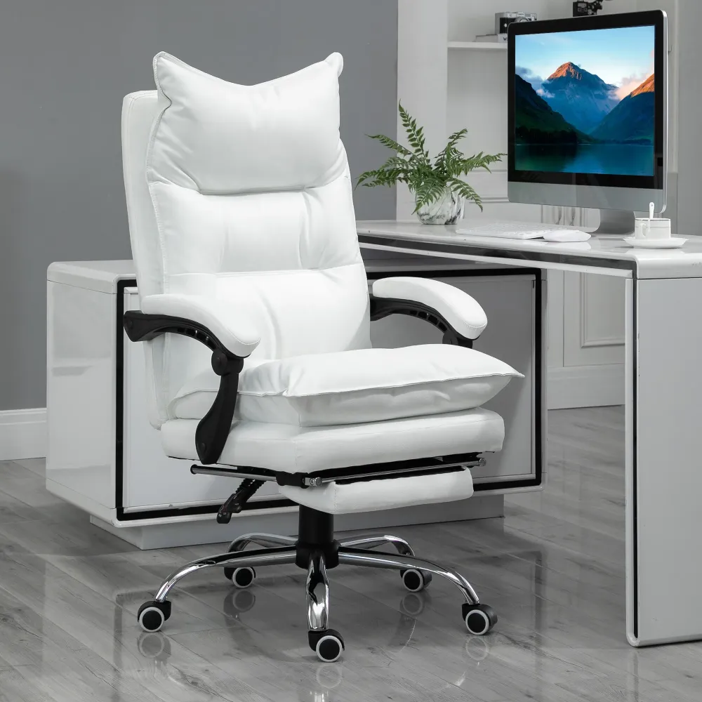 Easycomfort Poltrona da Ufficio Finta Pelle Bianca, Altezza Regolabile con Schienale Reclinabile 155° e Poggiapiedi