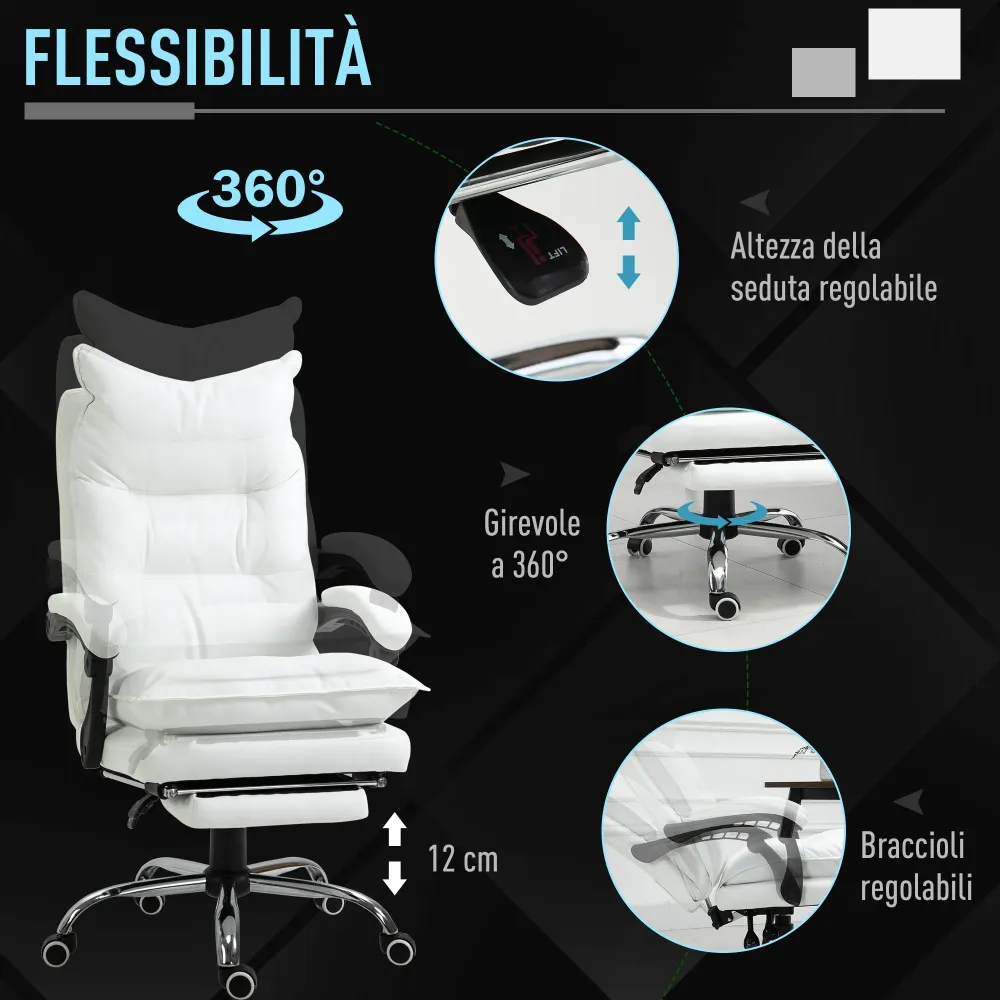 Easycomfort Poltrona da Ufficio Finta Pelle Bianca, Altezza Regolabile con Schienale Reclinabile 155° e Poggiapiedi