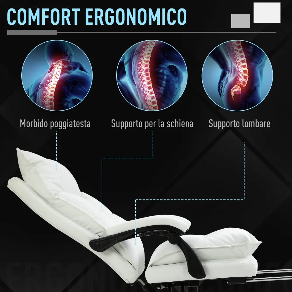 Easycomfort Poltrona da Ufficio Finta Pelle Bianca, Altezza Regolabile con Schienale Reclinabile 155° e Poggiapiedi