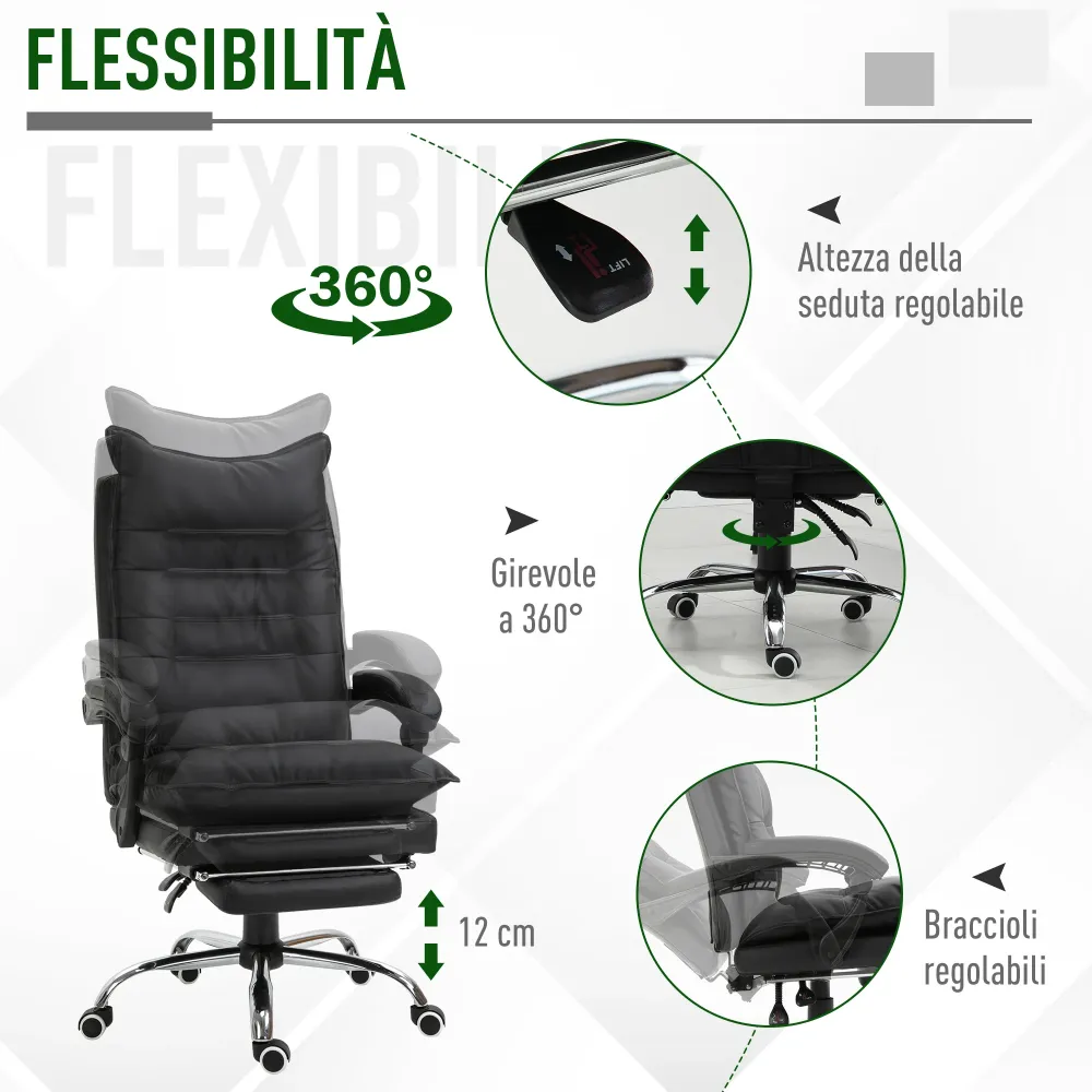 Easycomfort Poltrona da Ufficio Finta Pelle Nera, Sedia Direzionale Altezza Regolabile con Schiena Alta Reclinabile 155° e...