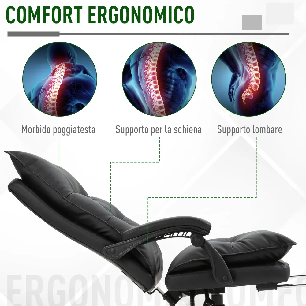 Easycomfort Poltrona da Ufficio Finta Pelle Nera, Sedia Direzionale Altezza Regolabile con Schiena Alta Reclinabile 155° e...