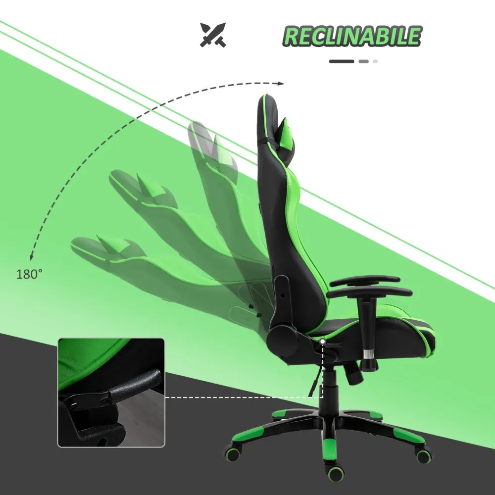 EASYCOMFORT Poltrona da Ufficio Gaming Girevole Reclinabile Nero e Verde Ecopelle