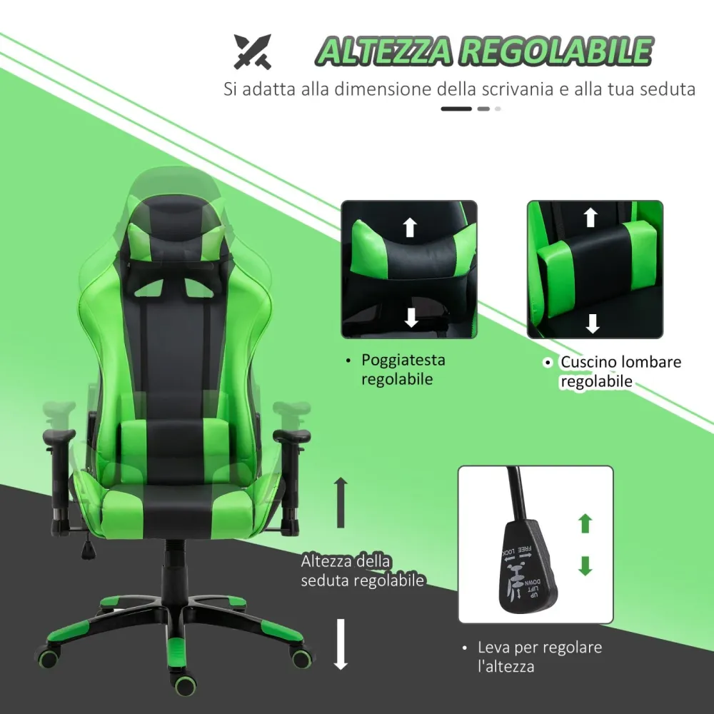 EASYCOMFORT Poltrona da Ufficio Gaming Girevole Reclinabile Nero e Verde Ecopelle