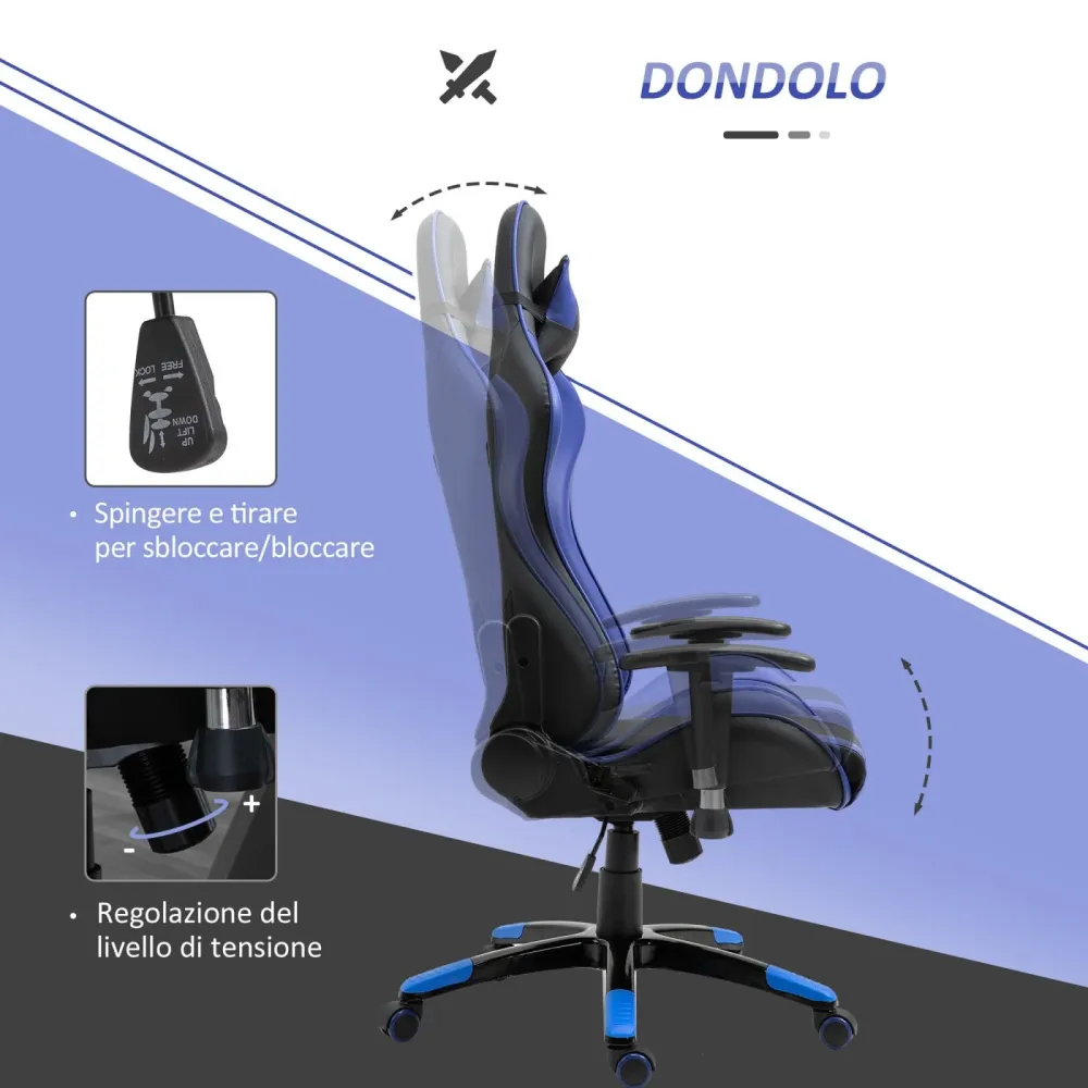 EASYCOMFORT Poltrona da Ufficio Gaming Girevole Reclinabile Nero e Blu Ecopelle