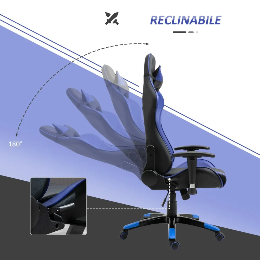 EASYCOMFORT Poltrona da Ufficio Gaming Girevole Reclinabile Nero e Blu Ecopelle