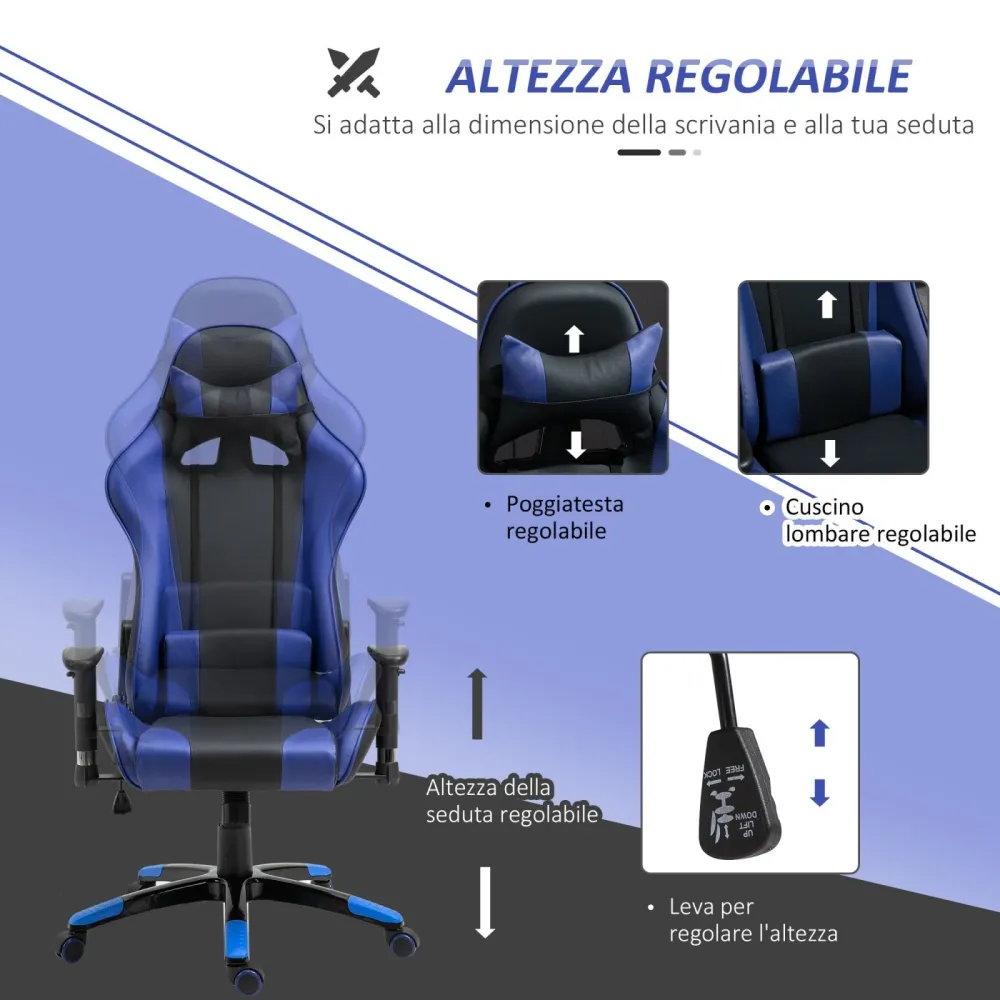 EASYCOMFORT Poltrona da Ufficio Gaming Girevole Reclinabile Nero e Blu Ecopelle