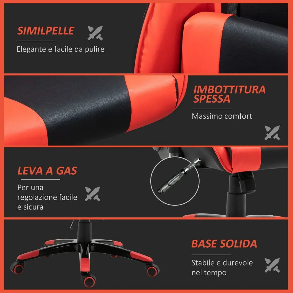 EASYCOMFORT Poltrona da Ufficio Gaming Girevole Reclinabile Nero e Rosso Ecopelle