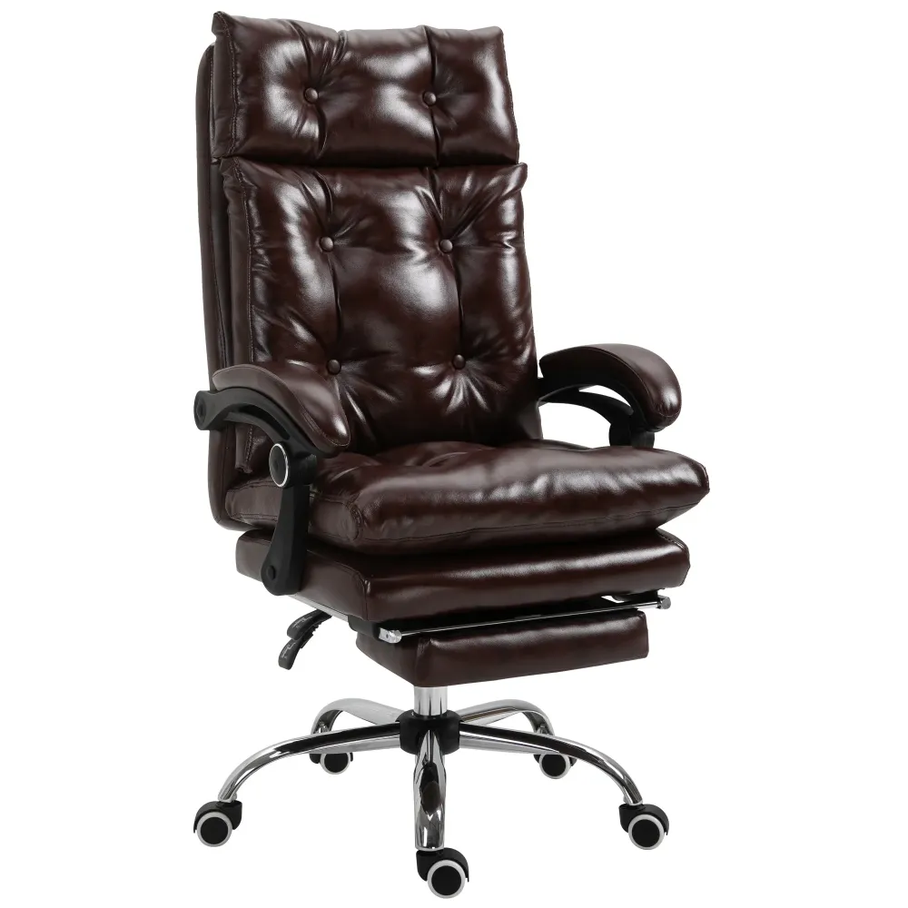 Easycomfort Poltrona Ufficio Presidenziale Similpelle Marrone Stile Chesterfield, Schienale Reclinabile 135° e Poggiapiedi