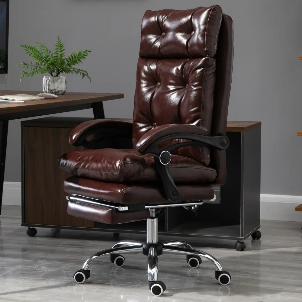Easycomfort Poltrona Ufficio Presidenziale Similpelle Marrone Stile Chesterfield, Schienale Reclinabile 135° e Poggiapiedi