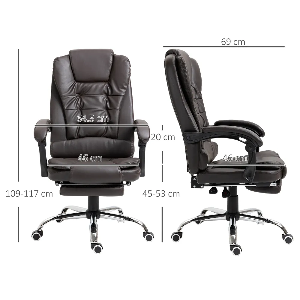 EasyComfort Poltrona da Ufficio Reclinabile stile Presidenziale con Poggiapiedi, 64.5x69x109-117 cm, color Caffè