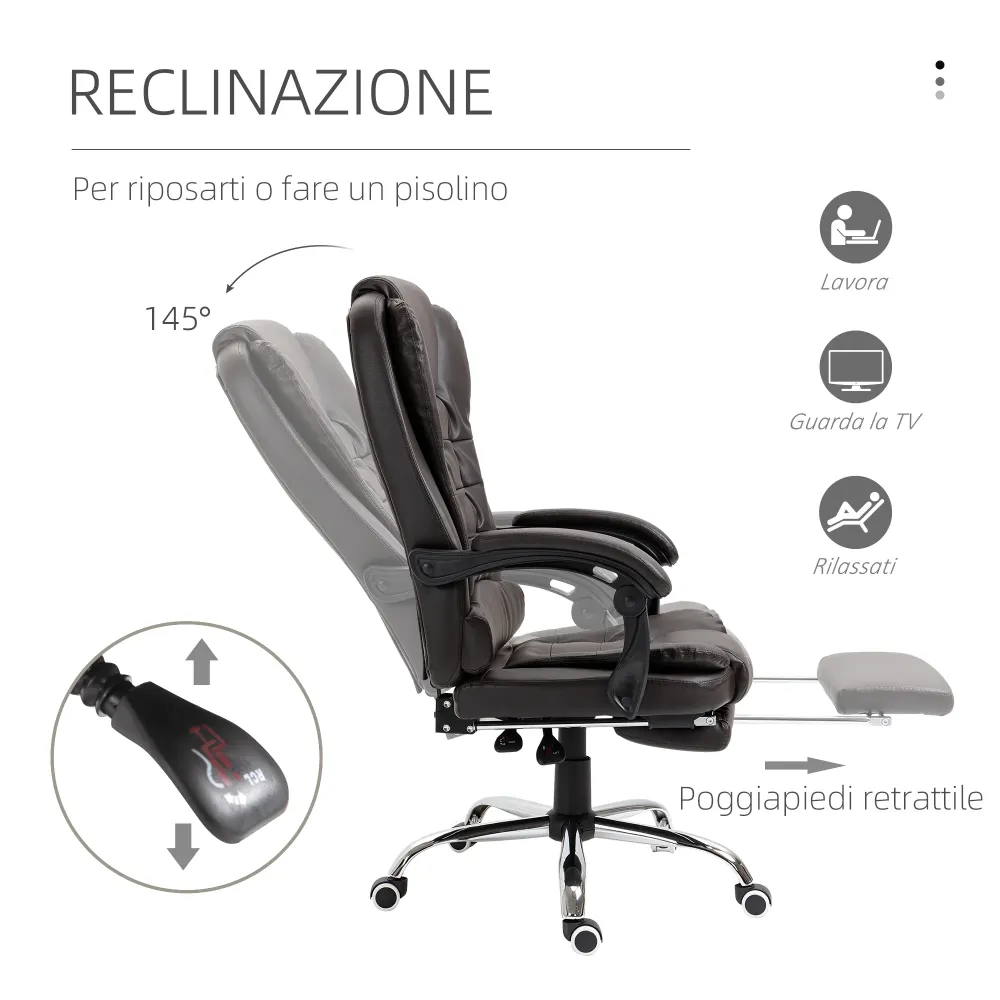 EasyComfort Poltrona da Ufficio Reclinabile stile Presidenziale con Poggiapiedi, 64.5x69x109-117 cm, color Caffè