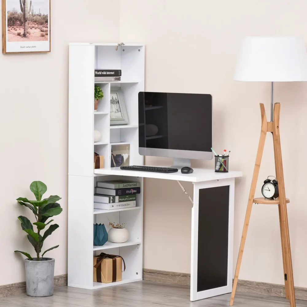 EASYCOMFORT Scrivania Pieghevole con Libreria e Lavagna per Camera e Ufficio, Tavolo da Pranzo Scomparsa Salvaspazio, Bian...