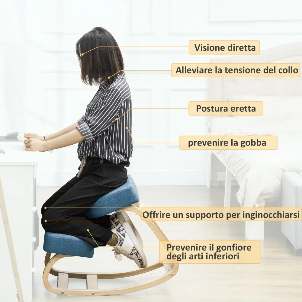 EasyComfort Sedia Ergonomica con Inginocchiatoio Legno di Betulla e Cuscino, 51x69x58cm, Blu