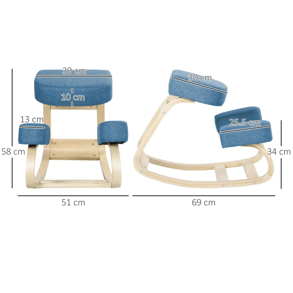 EasyComfort Sedia Ergonomica con Inginocchiatoio Legno di Betulla e Cuscino, 51x69x58cm, Blu