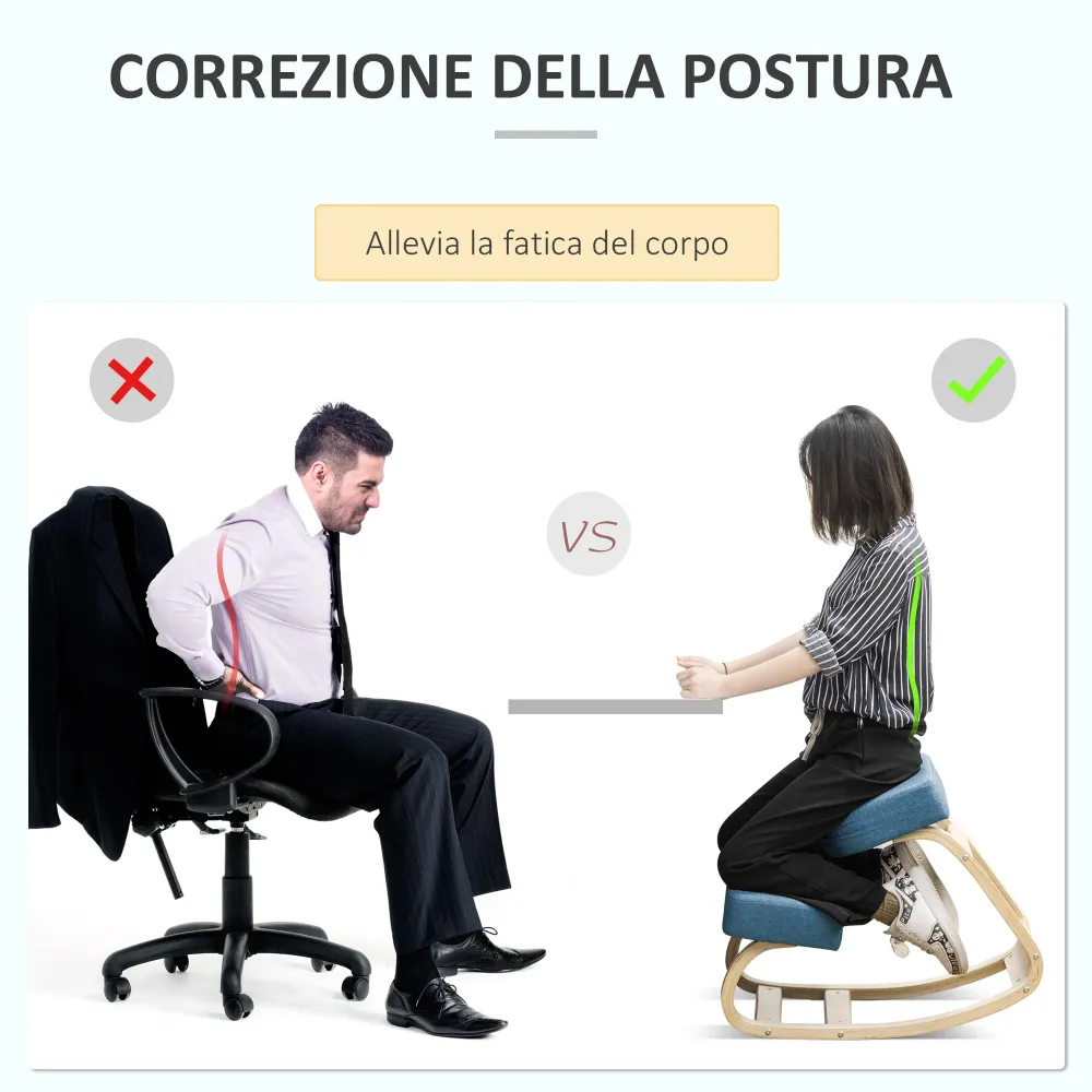 EasyComfort Sedia Ergonomica con Inginocchiatoio Legno di Betulla e Cuscino, 51x69x58cm, Blu