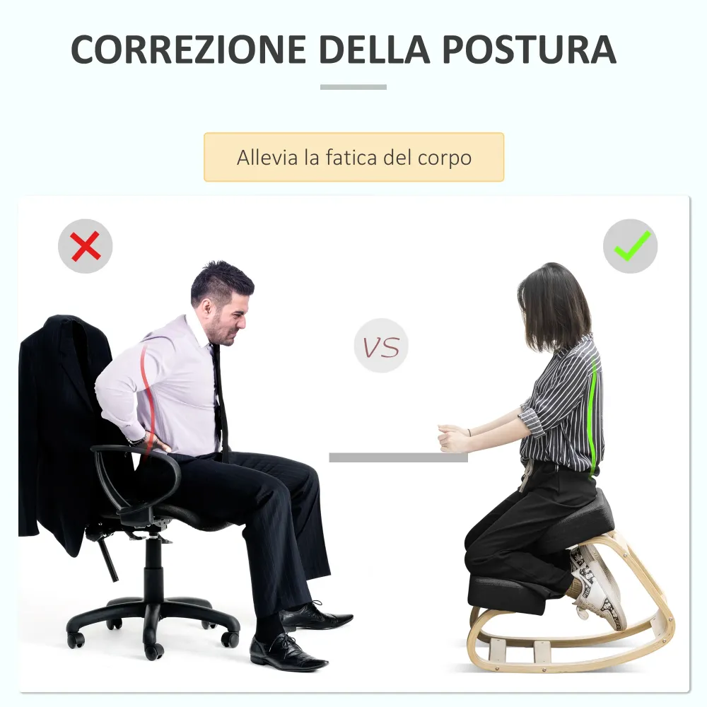 EasyComfort Sedia Ergonomica con Inginocchiatoio Legno di Betulla e Cuscino, 51x69x58cm, Nero