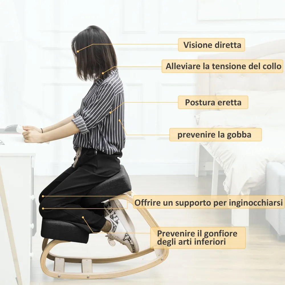 EasyComfort Sedia Ergonomica con Inginocchiatoio Legno di Betulla e Cuscino, 51x69x58cm, Nero