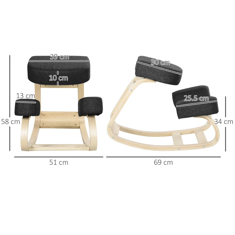 EasyComfort Sedia Ergonomica con Inginocchiatoio Legno di Betulla e Cuscino, 51x69x58cm, Nero