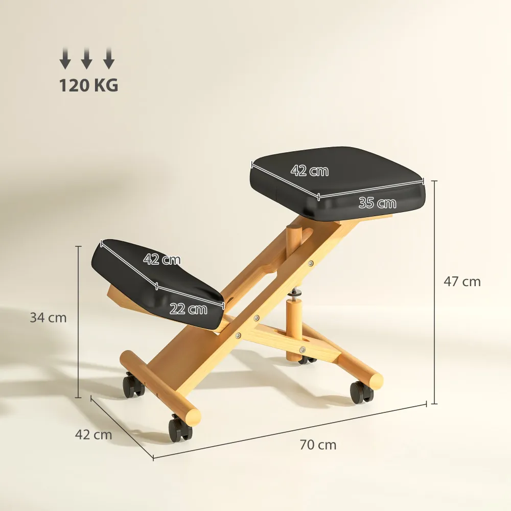 EasyComfort Sedia Ergonomica Posturale con Inginocchiatoio, Altezza Regolabile e Rotelle Legno, Nero