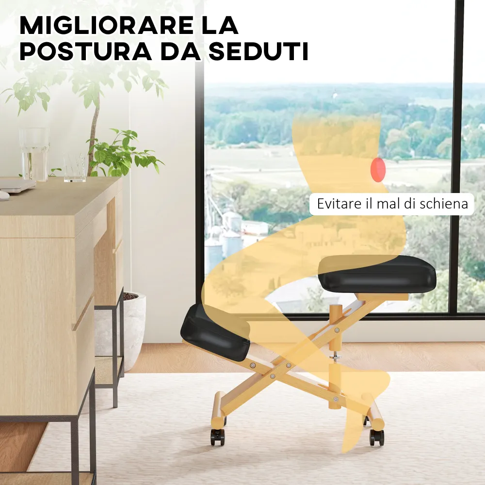 EasyComfort Sedia Ergonomica Posturale con Inginocchiatoio, Altezza Regolabile e Rotelle Legno, Nero