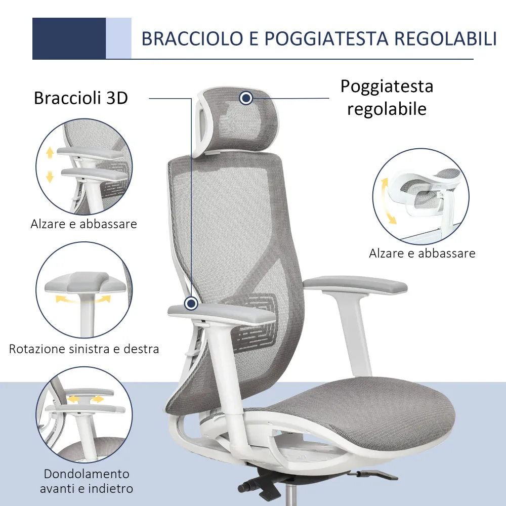 EASYCOMFORT Sedia Ergonomica da Ufficio con Poggiatesta, Inclinazione e Altezza Regolabile, Poltrona Girevole Basculante c...