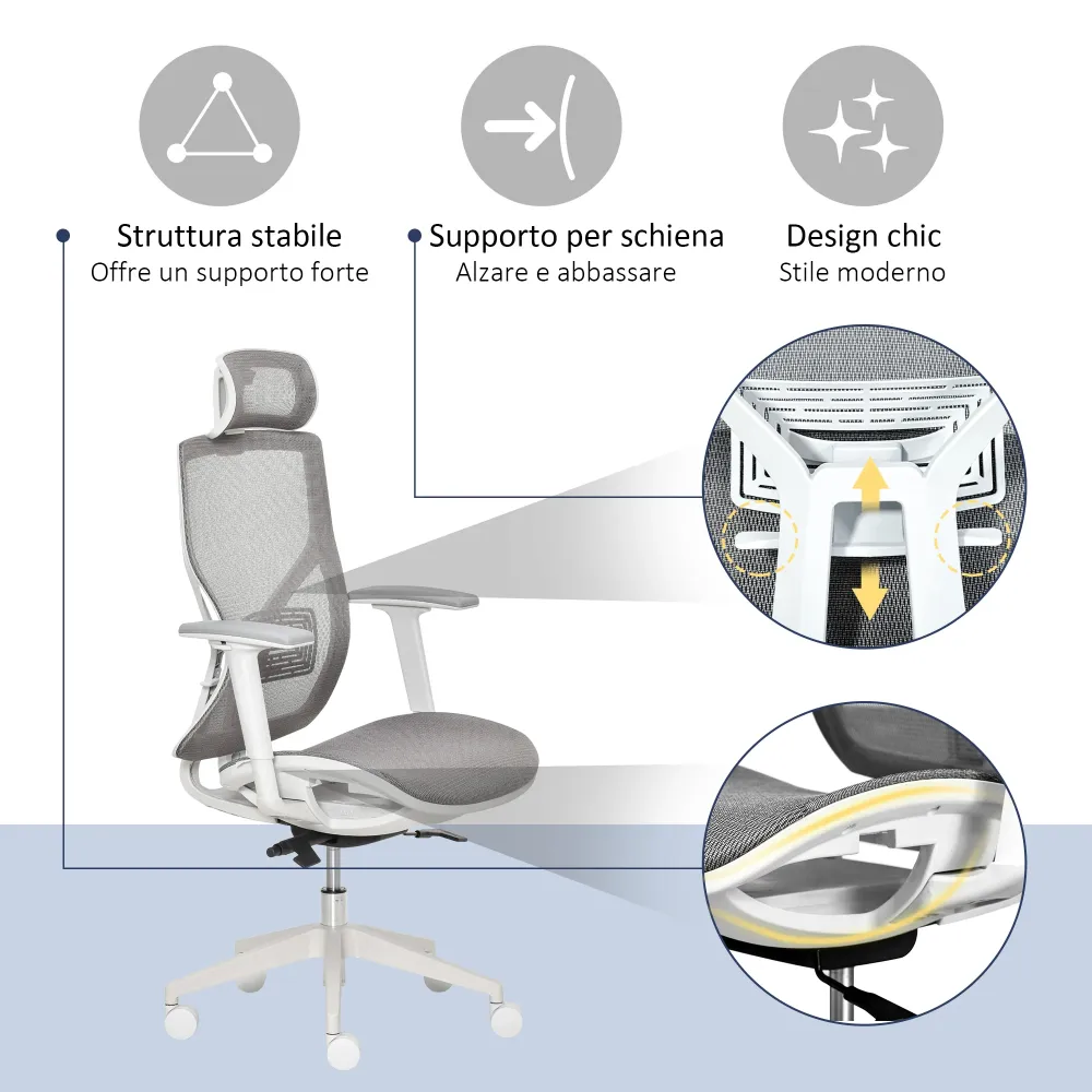 EASYCOMFORT Sedia Ergonomica da Ufficio con Poggiatesta, Inclinazione e Altezza Regolabile, Poltrona Girevole Basculante c...