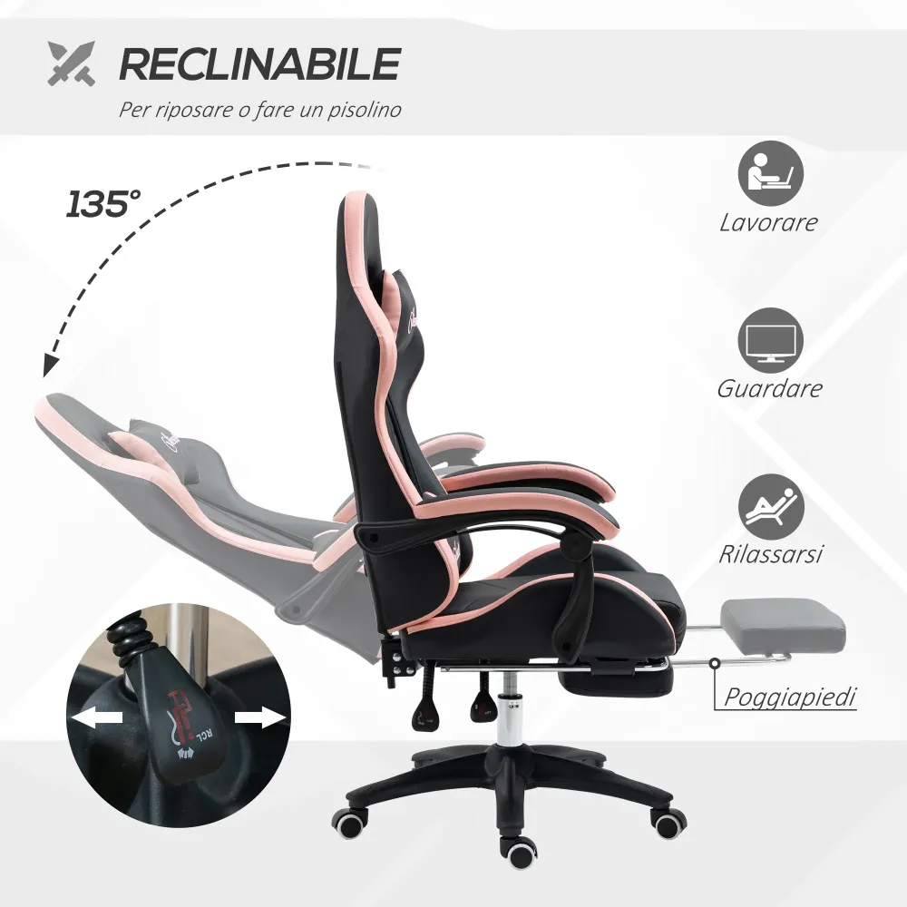 Easycomfort Sedia da Gaming ad Altezza Regolabile con Poggiatesta, 65x65x121-129 cm, Rosa e Nero