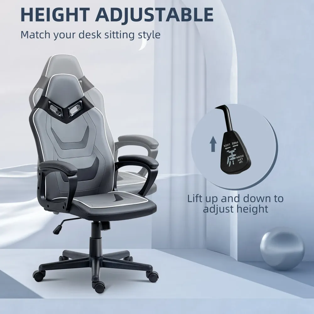 EASYCOMFORT Sedia da Gaming ad Altezza Regolabile con Funzione Dondolo, per Casa e Ufficio, 60x63x113-125 cm, Grigia e Nera