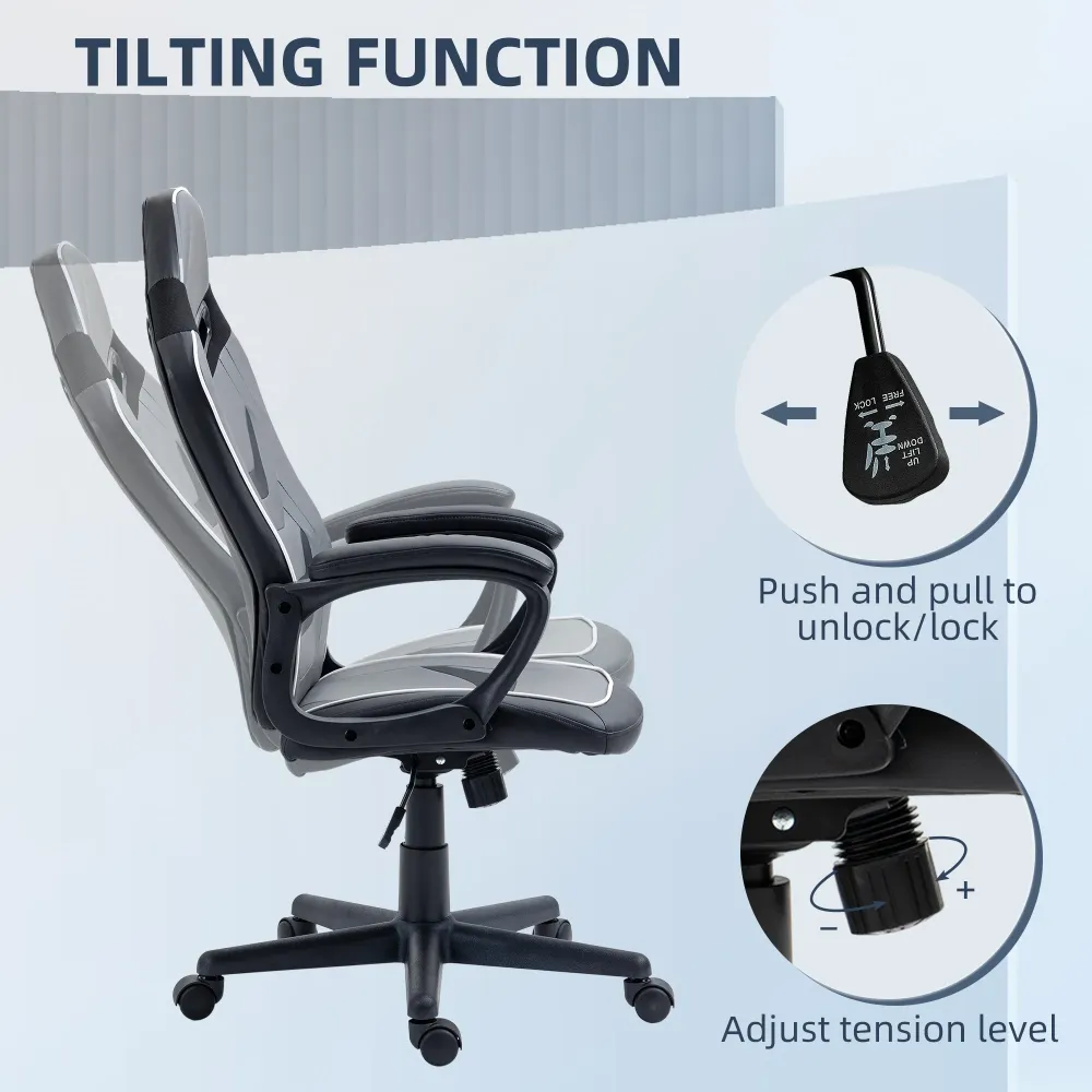 EASYCOMFORT Sedia da Gaming ad Altezza Regolabile con Funzione Dondolo, per Casa e Ufficio, 60x63x113-125 cm, Grigia e Nera