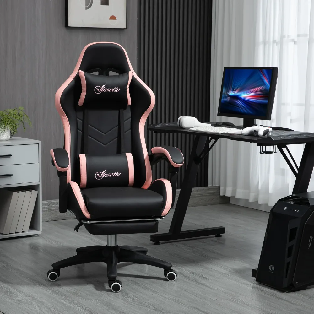 Easycomfort Sedia da Gaming ad Altezza Regolabile con Poggiatesta, 65x65x121-129 cm, Rosa e Nero