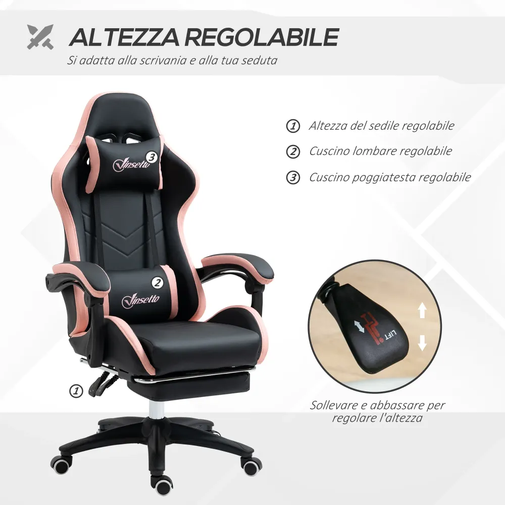 Easycomfort Sedia da Gaming ad Altezza Regolabile con Poggiatesta, 65x65x121-129 cm, Rosa e Nero