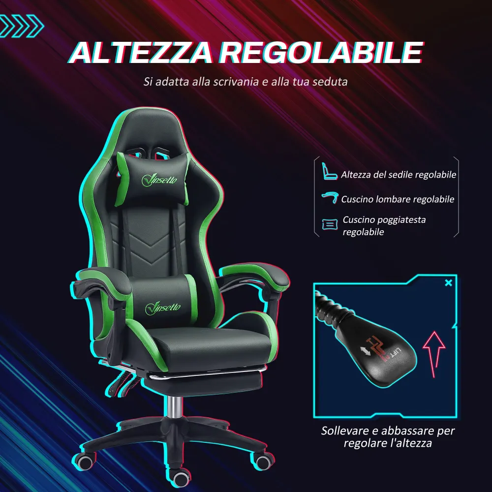 EasyComfort Sedia da Gaming con Altezza Regolabile e Schienale Reclinabile, 65x65x121-129 cm, Nero e Verde