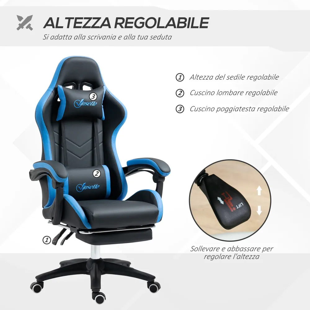 EASYCOMFORT Sedia da Gaming con Altezza Regolabile e Schienale Reclinabile, 65x65x121-129 cm, Blu e Nero