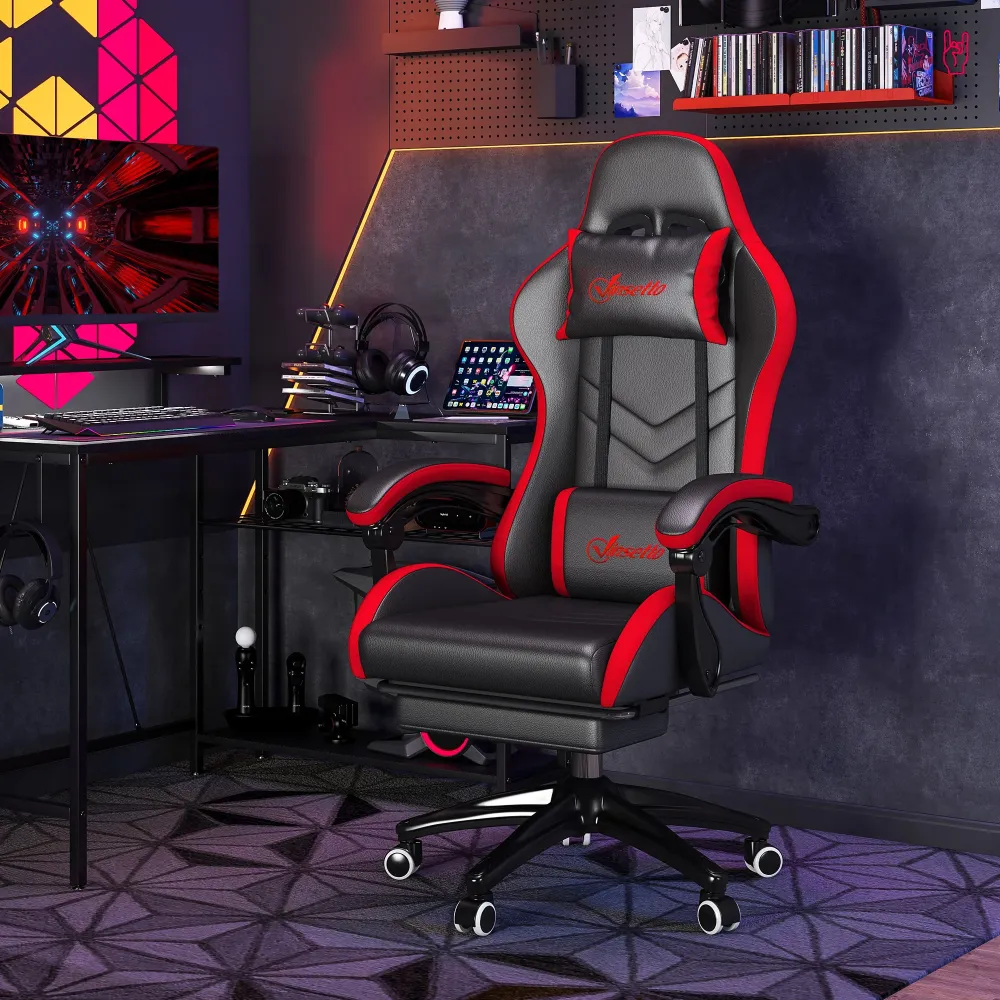 EasyComfort Sedia da Gaming con Altezza Regolabile e Schienale Reclinabile, 65x65x121-129 cm, Nero e Rosso