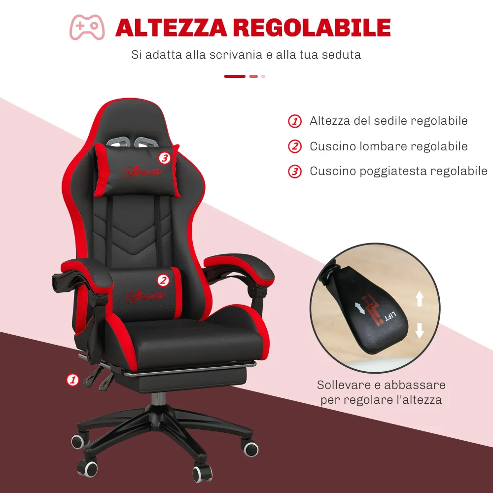 EasyComfort Sedia da Gaming con Altezza Regolabile e Schienale Reclinabile, 65x65x121-129 cm, Nero e Rosso